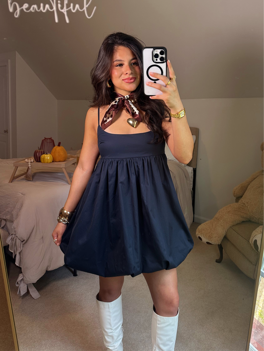 Navy Poplin Bubble Hem Dress