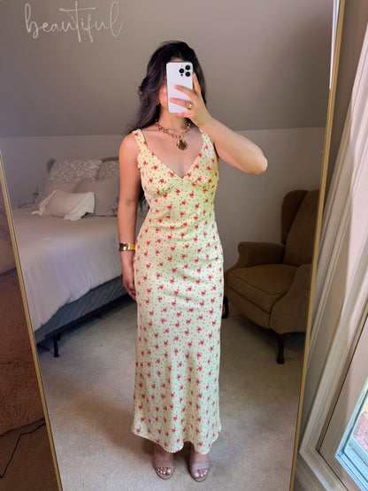 Yellow & Red Floral Satin Midi Dress
