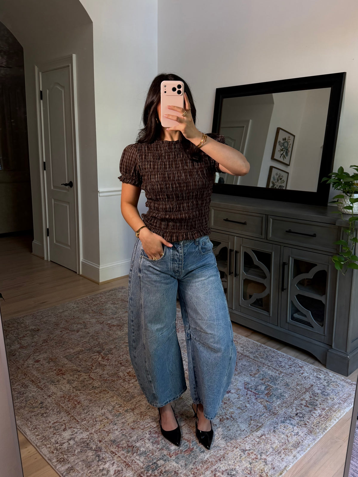 Anne Brown Plaid Scrunch Top