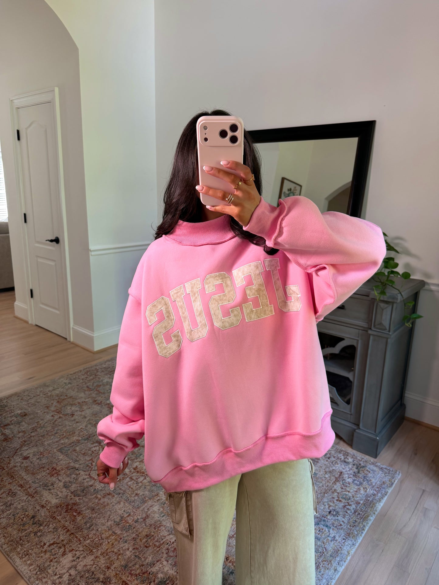 ‘JESUS’ Camo Embroidered Pink Mockneck