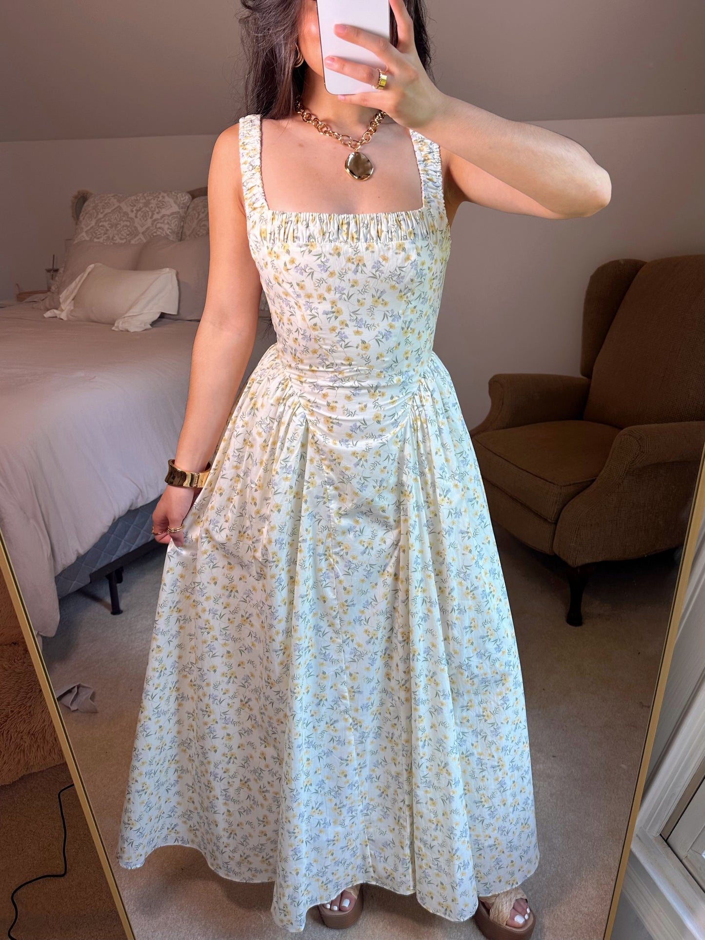 Yellow Ditsy Floral Midi Dress