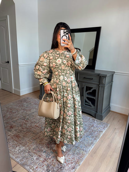 Sundays Olive Pleated Midi Dress