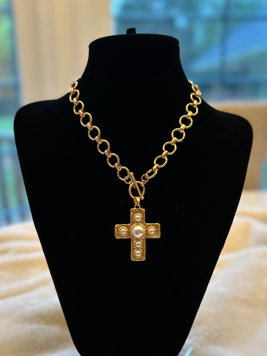 Pearl Beaded Cross Gold Necklace