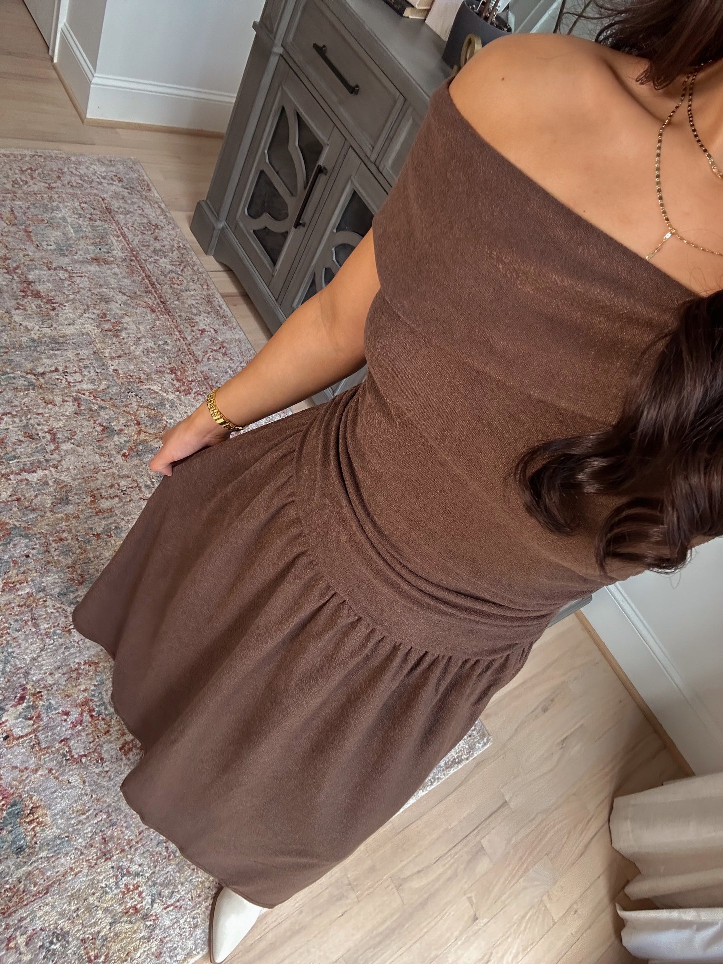 Oakwood Off-Shoulder Drop Waist Dress