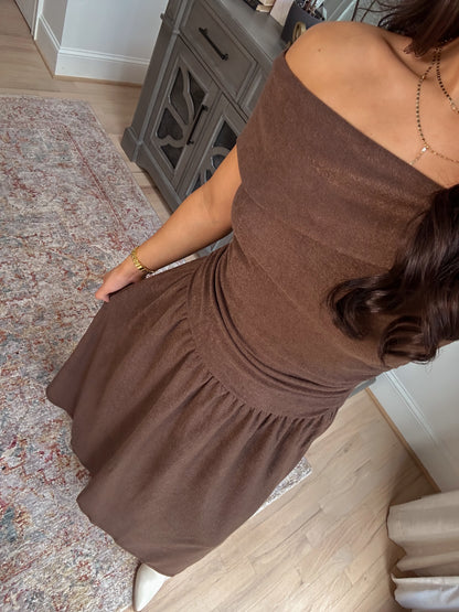 Oakwood Off-Shoulder Drop Waist Dress