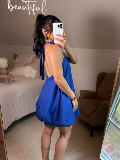 Blue Halter Neck Open Back Bubble Dress