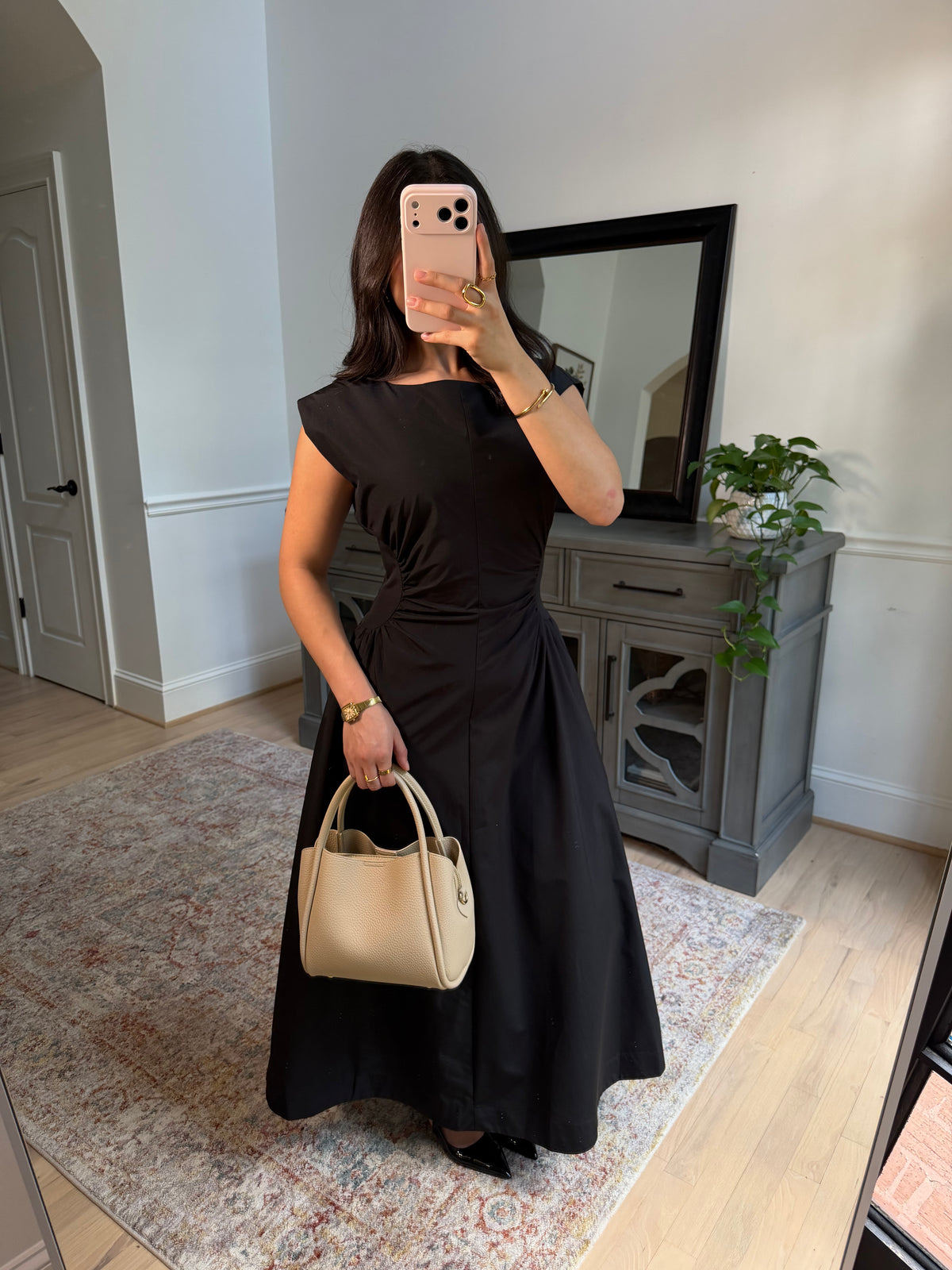 Black Magnolia Pleated Midi Dress