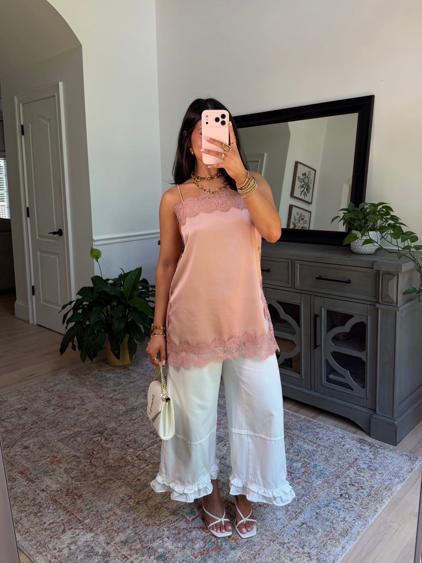 Dusty Rose Lace Satin Top