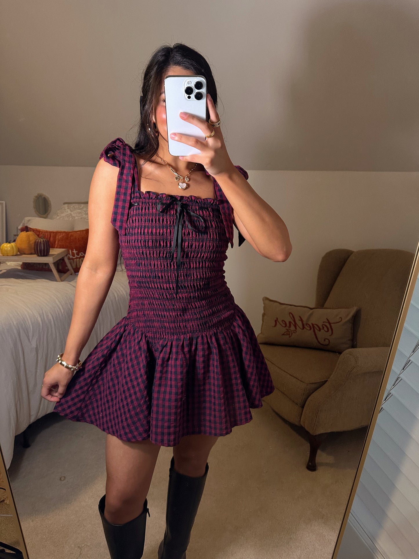 Burgundy & Black Gingham Mini Dress