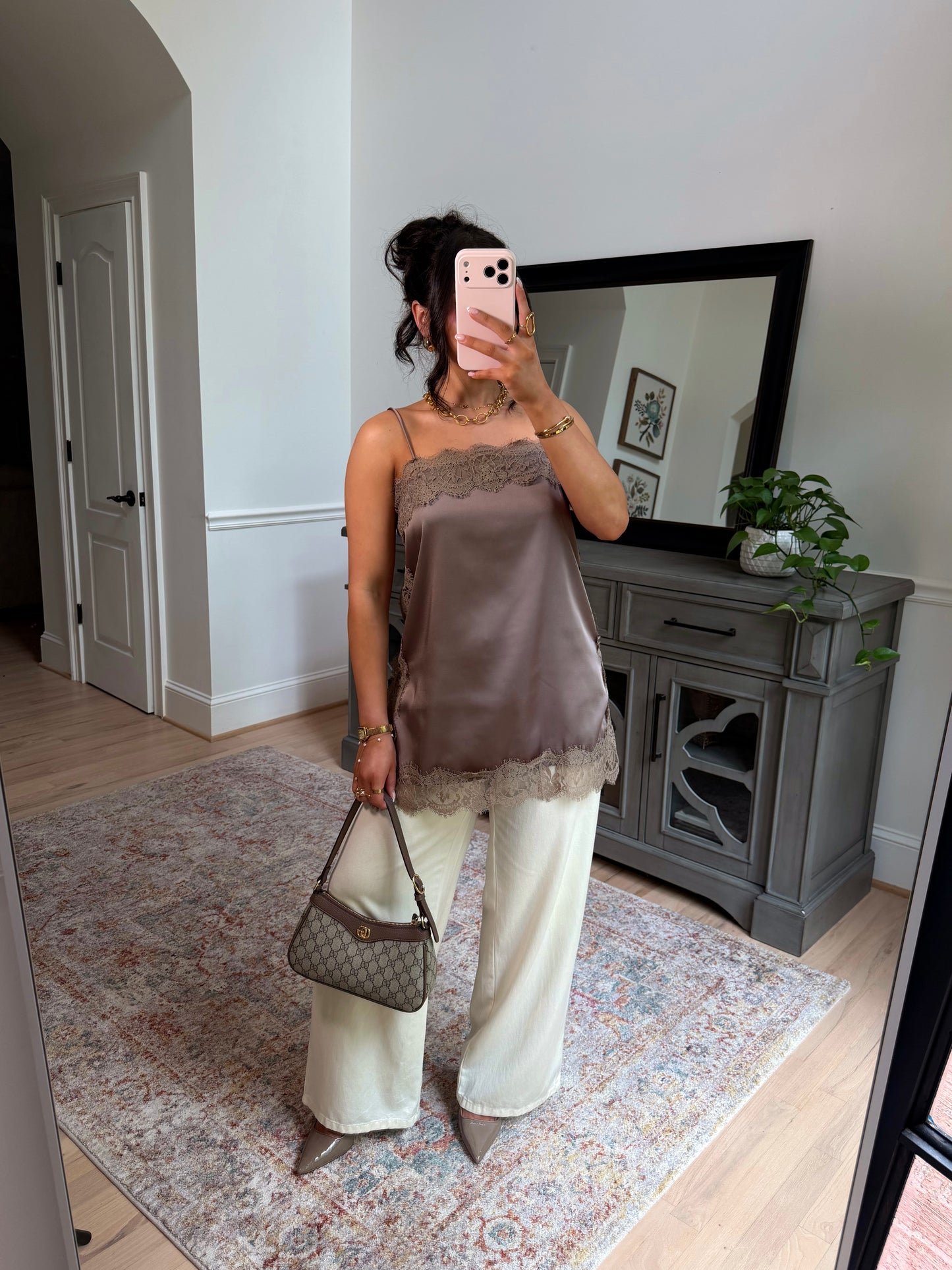 Olive Mocha Lace Satin Top
