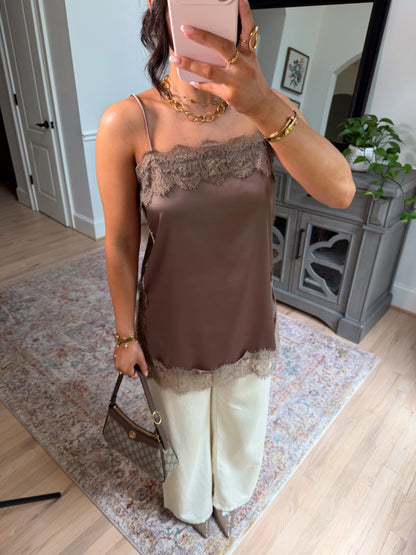 Olive Mocha Lace Satin Top