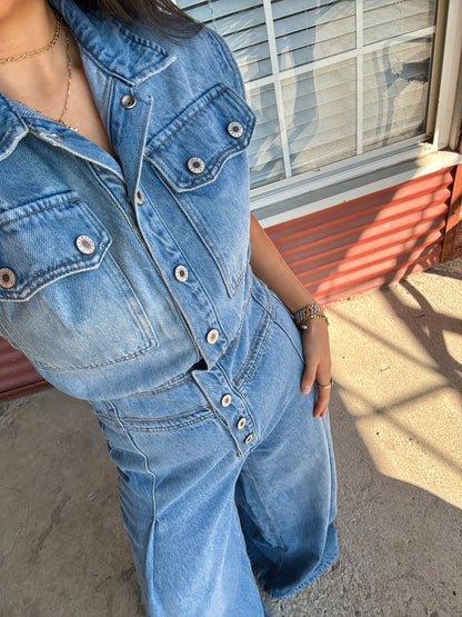 Denim Pleated Wide-Leg Jumpsuit