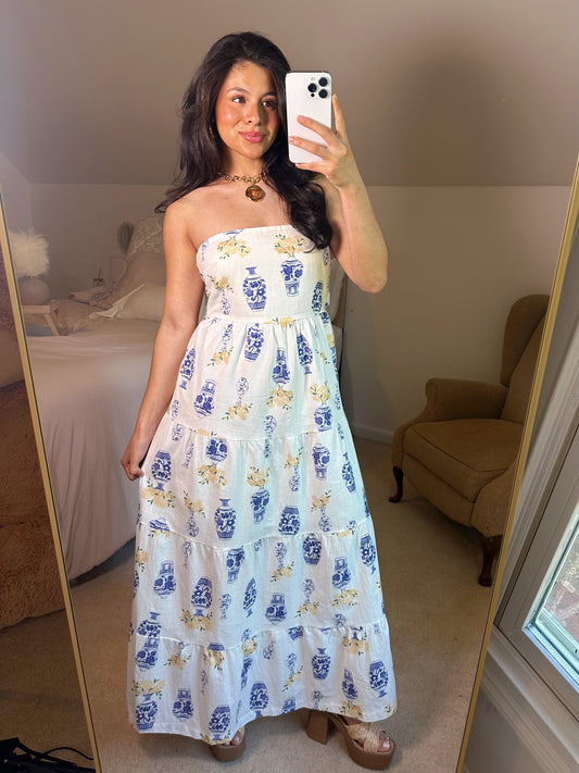 Greece Flower Vase Tube Open Back Dress