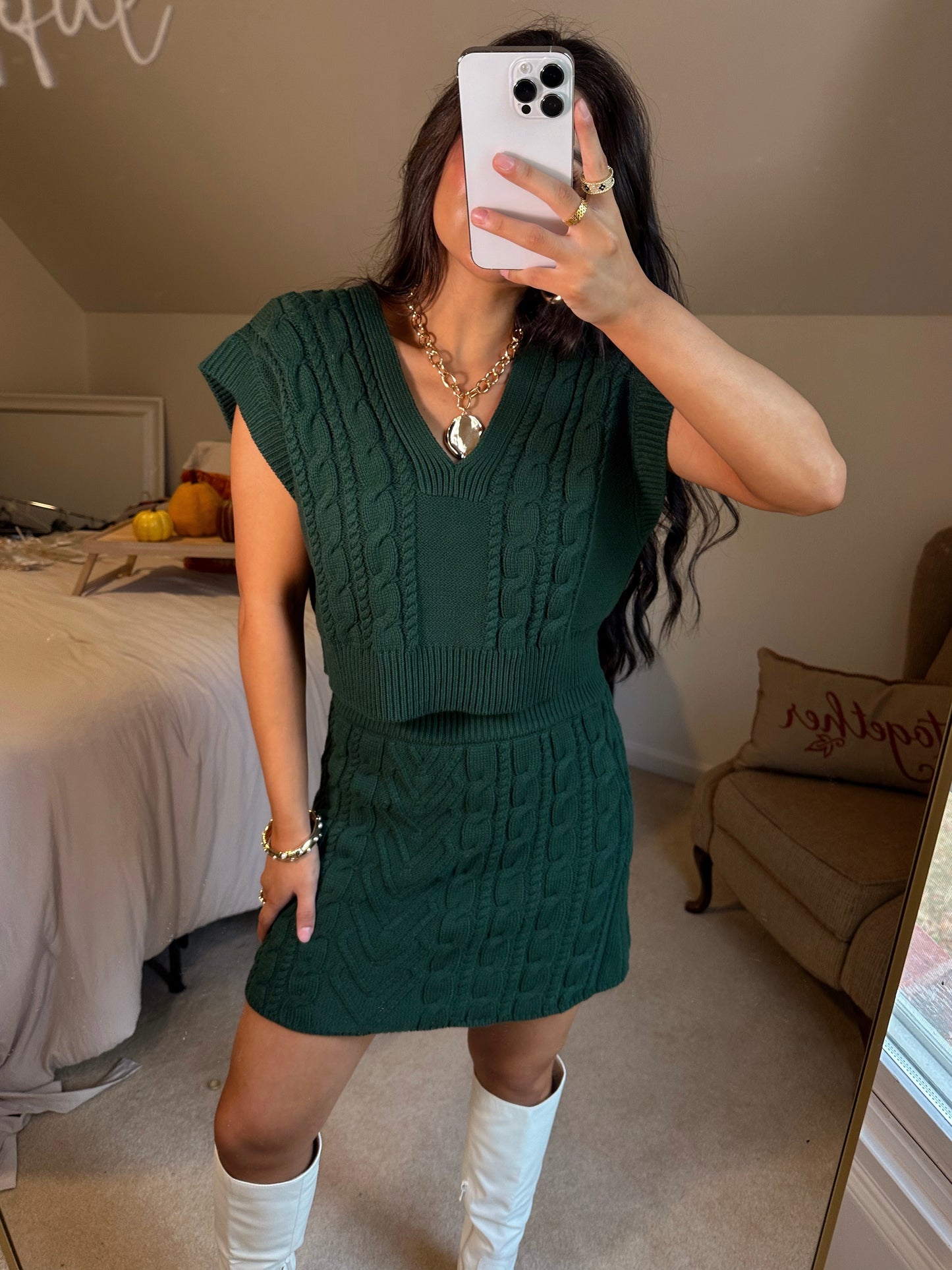 Dark Green Cable Knit Vest & Skirt Set