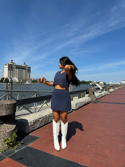 Navy Top and Skirt Knit Set