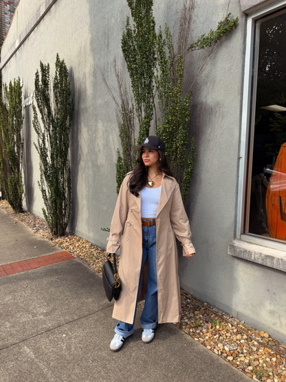 Latte Double Breasted Pleated Trench Coat