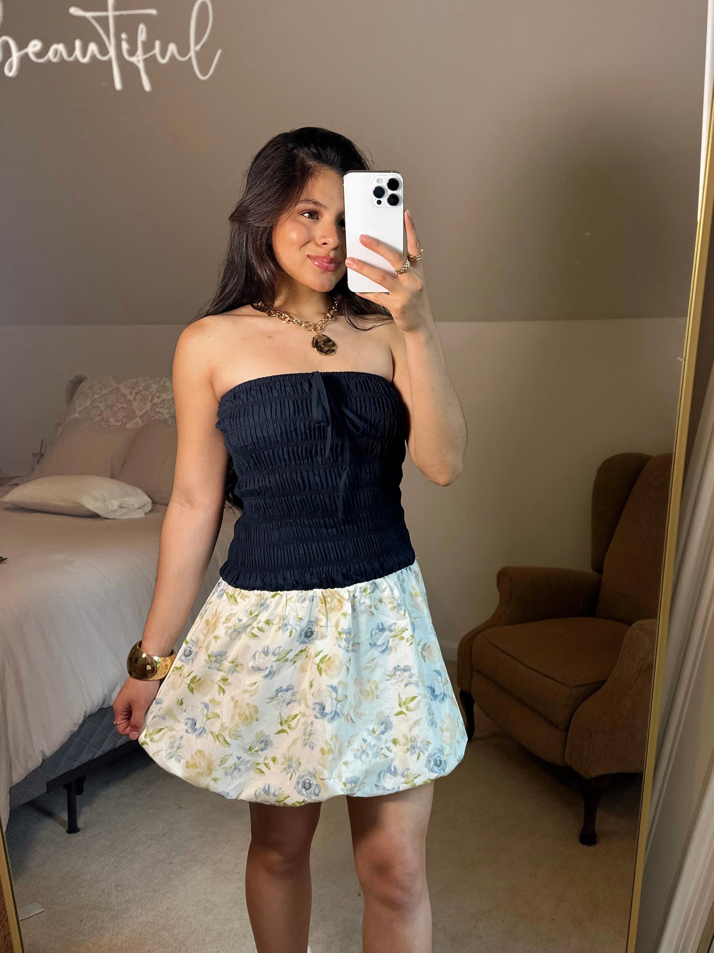 Cool Toned Floral Bubble Hem Mini Dress