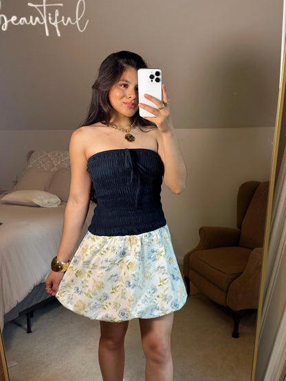 Cool Toned Floral Bubble Hem Mini Dress