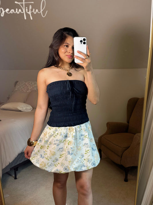 Cool Toned Floral Bubble Hem Mini Dress