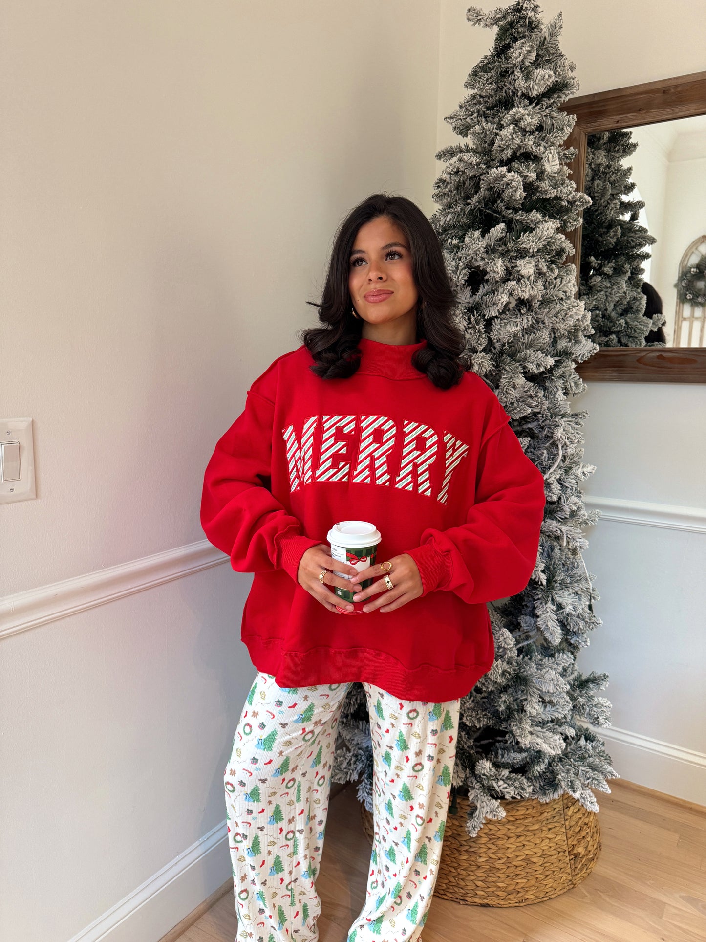 Red Candy Cane 'Merry' Embroidered Mockneck