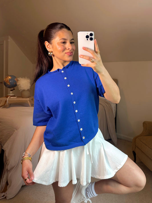 Blue Knit Short Sleeve Cardigan