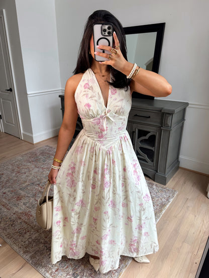 Pink Blooms Halter Midi Dress