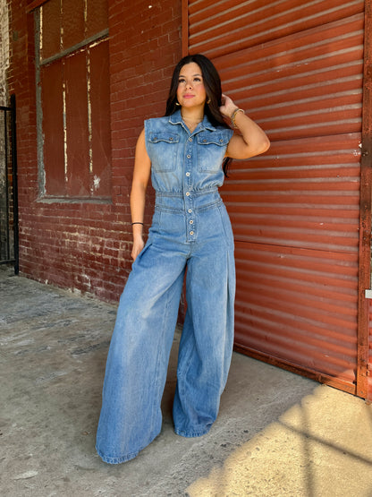 Denim Pleated Wide-Leg Jumpsuit