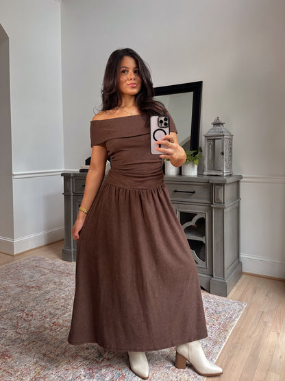 Oakwood Off-Shoulder Drop Waist Dress