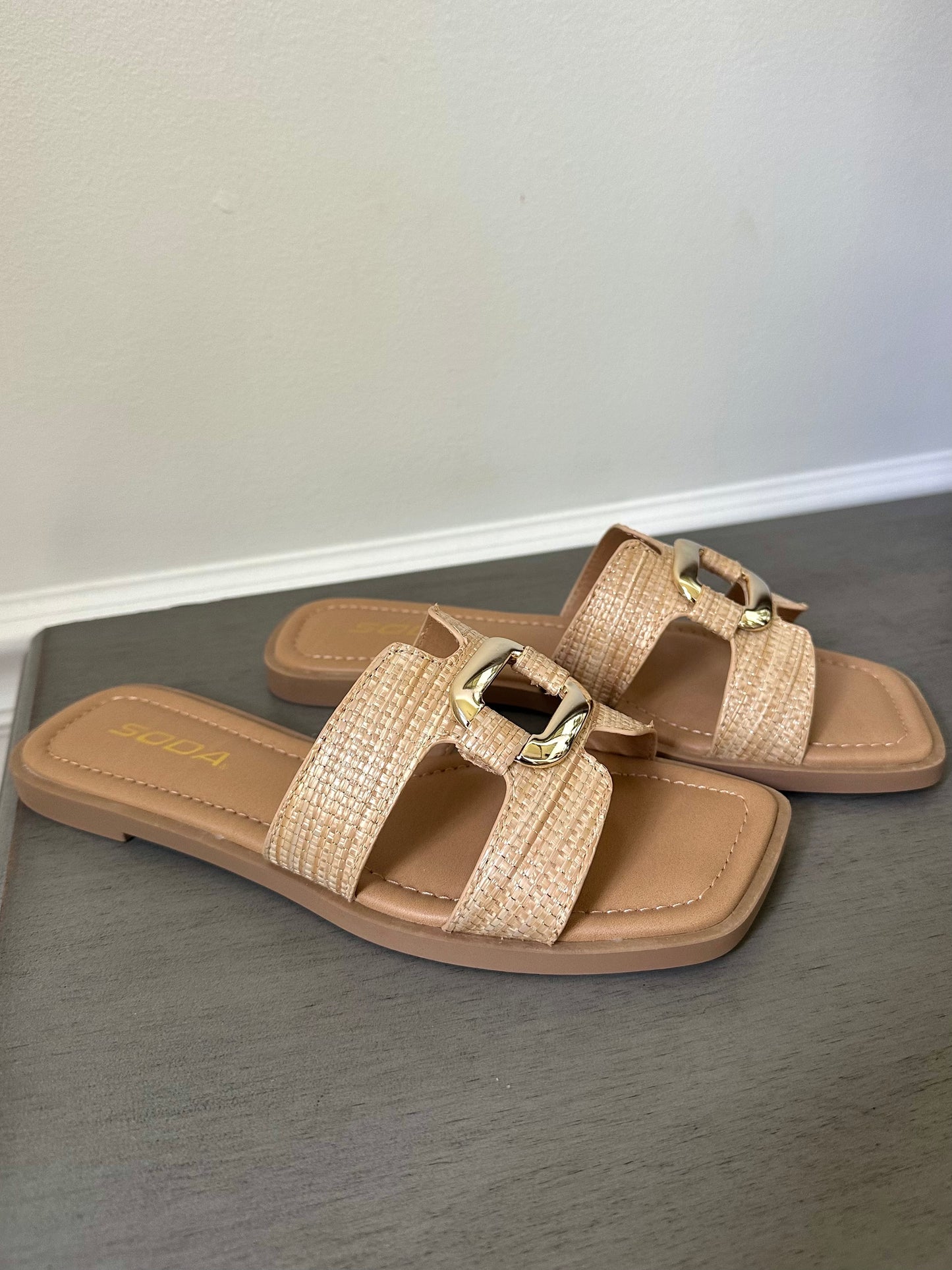 Natural Raffia Woven & Gold Sandal