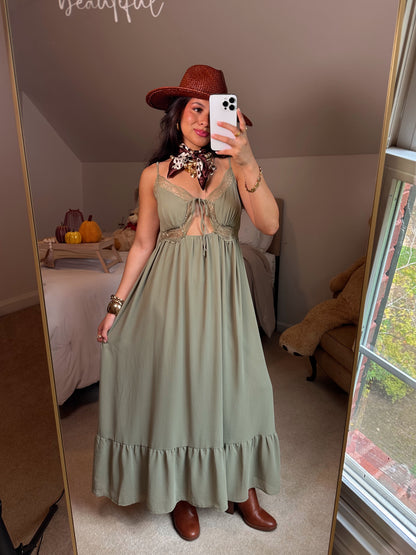 Olive Lace Cut-Out Maxi Dress