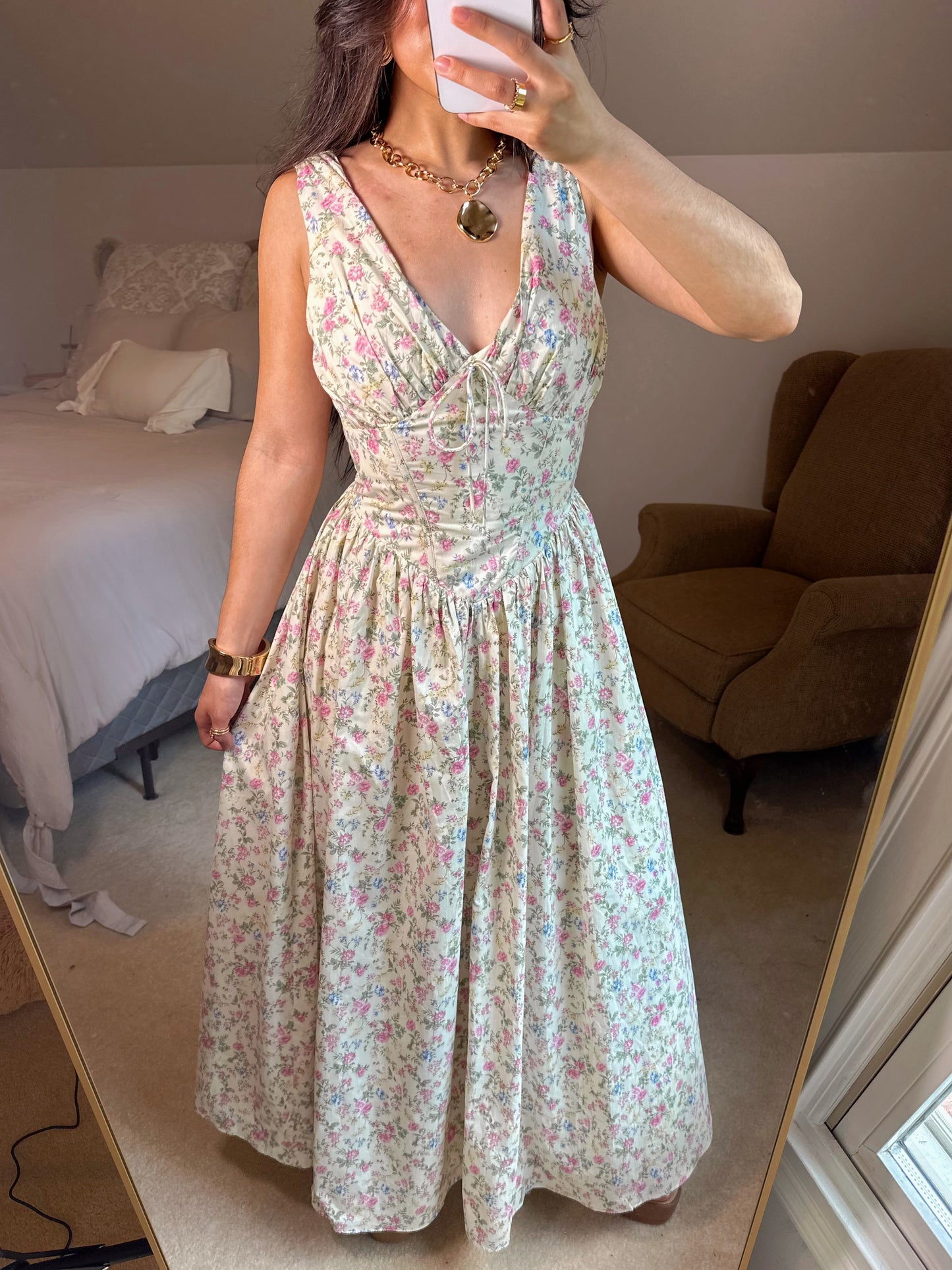 Floral V-Neck Corset Waist Maxi Dress