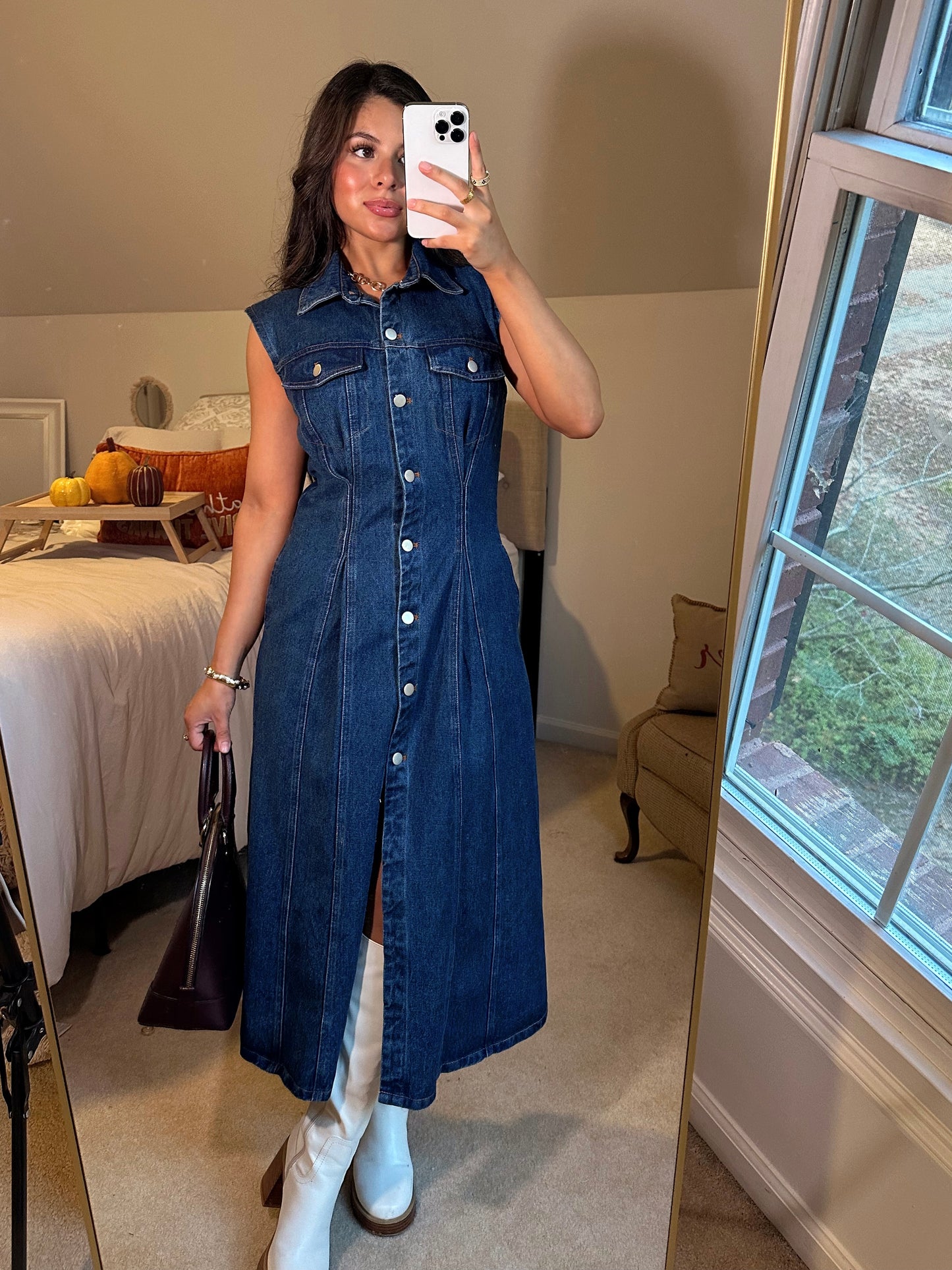 Denim Pleated Button-Up Dress