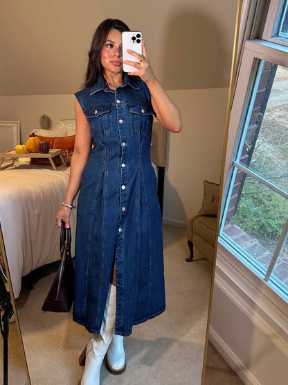 Denim Pleated Button-Up Dress