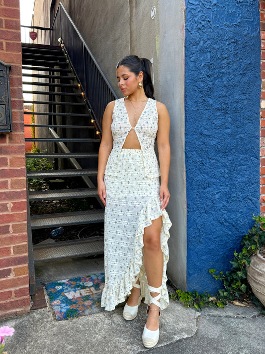 Blue Florals Lace Top & Skirt Set