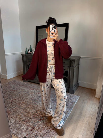 Burgundy Knit Zip Up Sweater
