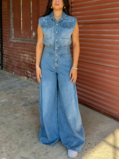 Denim Pleated Wide-Leg Jumpsuit