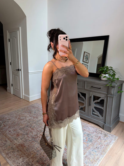 Olive Mocha Lace Satin Top
