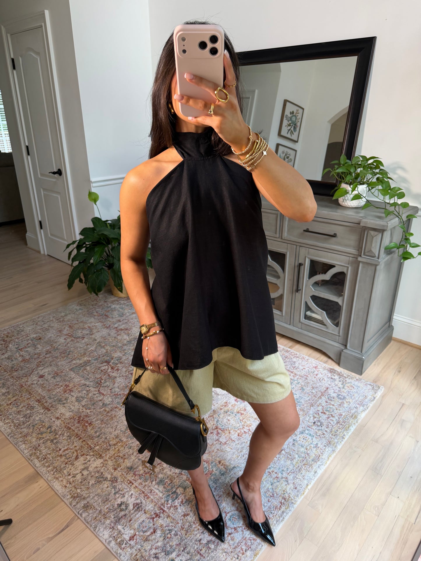 Midnight Black Linen Open Back Top