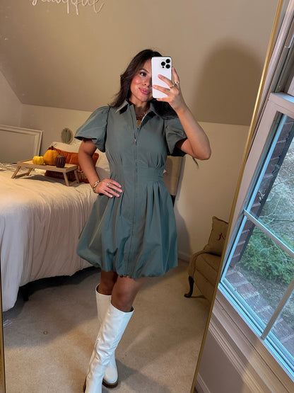 Olive Zip Up Bubble Dress