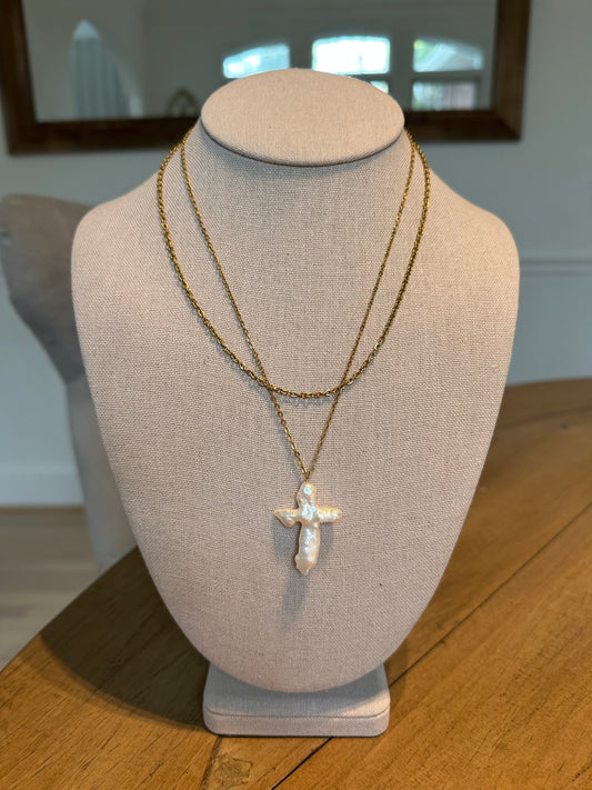 Pearl Cross Layered Necklace (Water Resistant