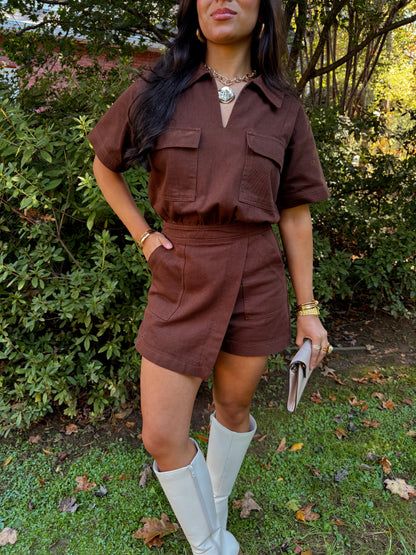 Better in Brown Denim Romper