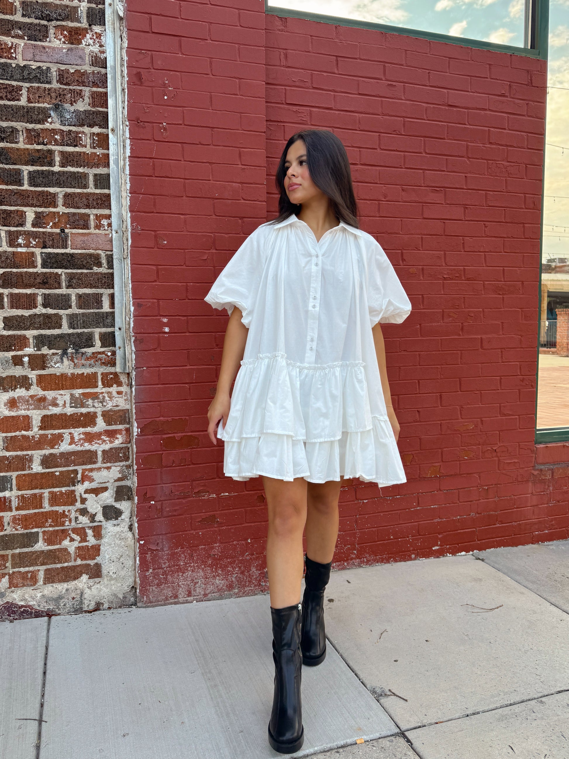 white ruffle shirt dress White Ruffle Shirt Dress for Women
