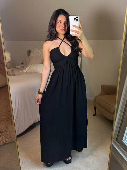 Vacation Black Halter Crochet Maxi Dress