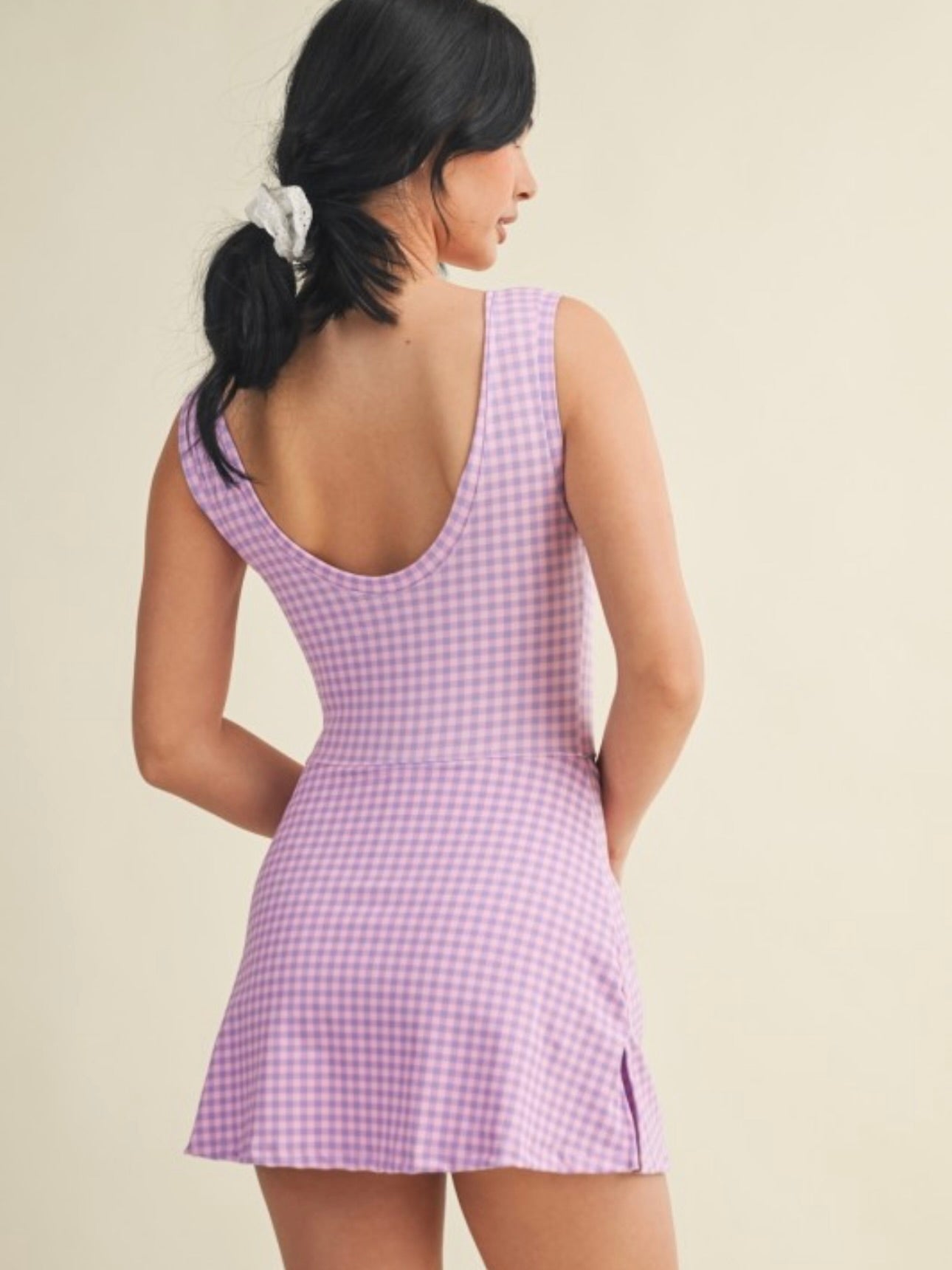 Purple Gingham Wrap Active Romper Dress