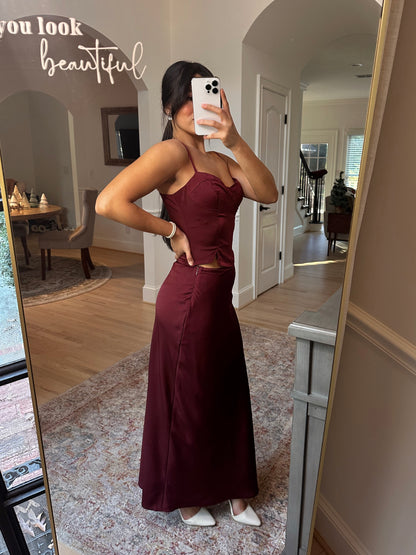 Burgundy Satin Top & Skirt Set