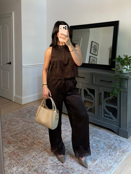 Espresso Brown Satin Top & Pants Set