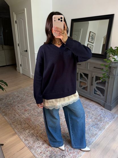 Navy Lace Trim Sweater