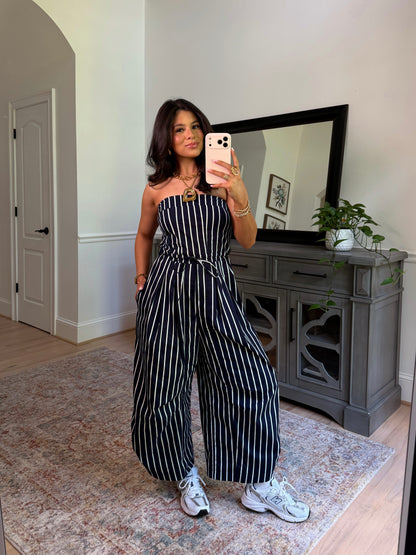 Around Town Striped Navy Jumpsuit