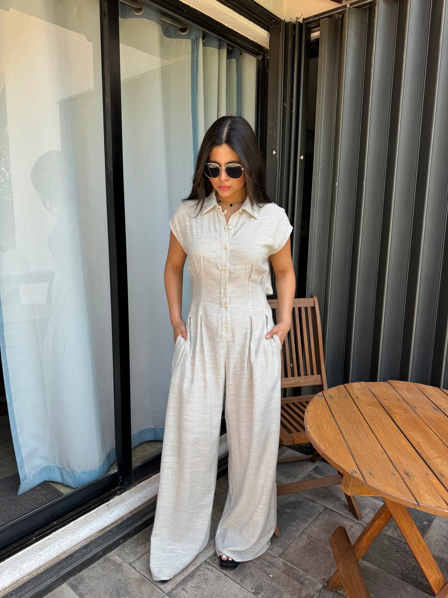 Linen Pinstripe Pleated Jumpsuit