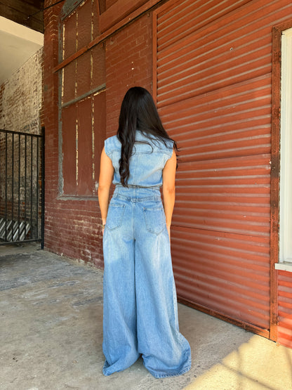 Denim Pleated Wide-Leg Jumpsuit